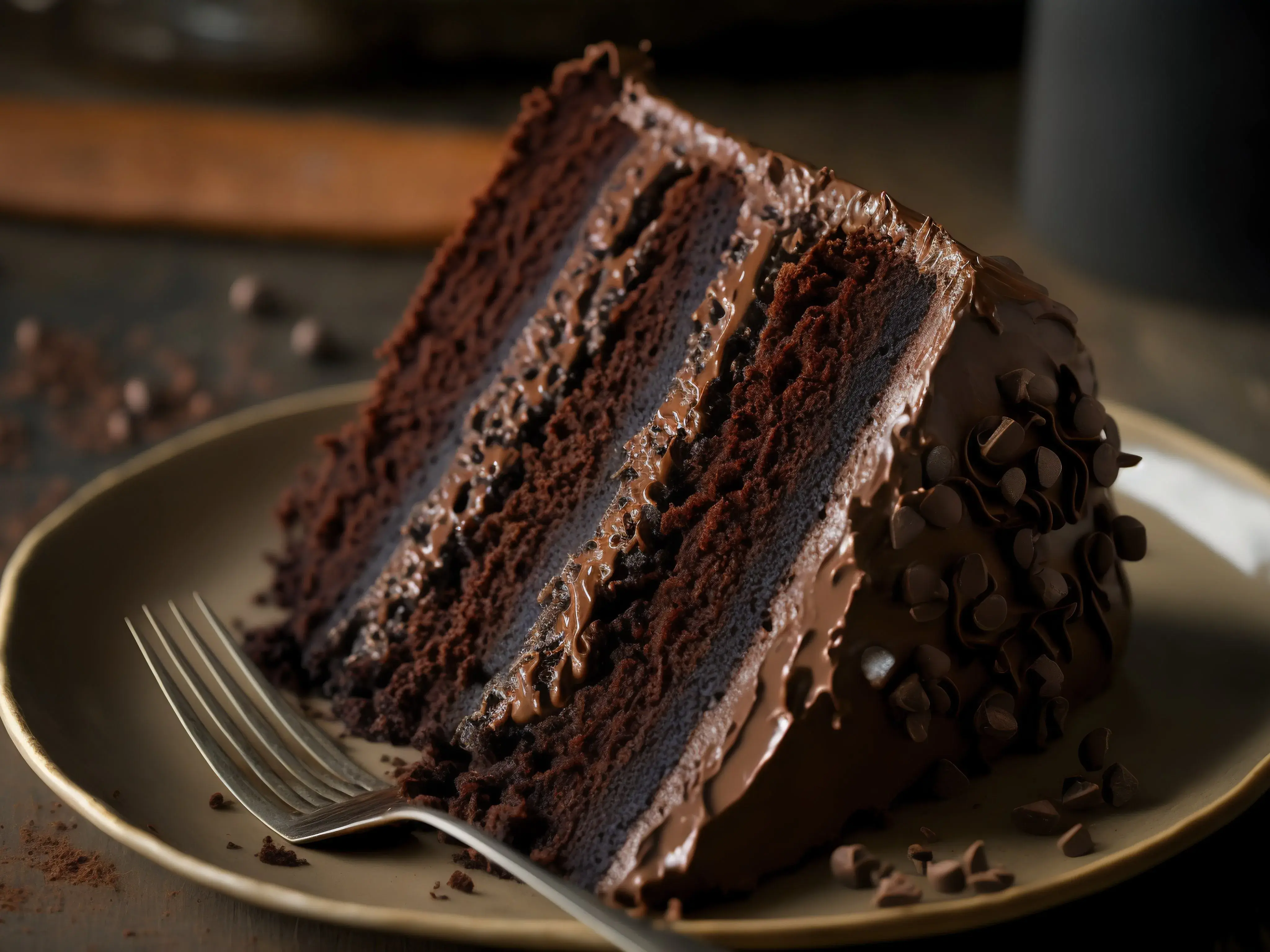A rich slice of fake chocolate cake with creamy frosting.
