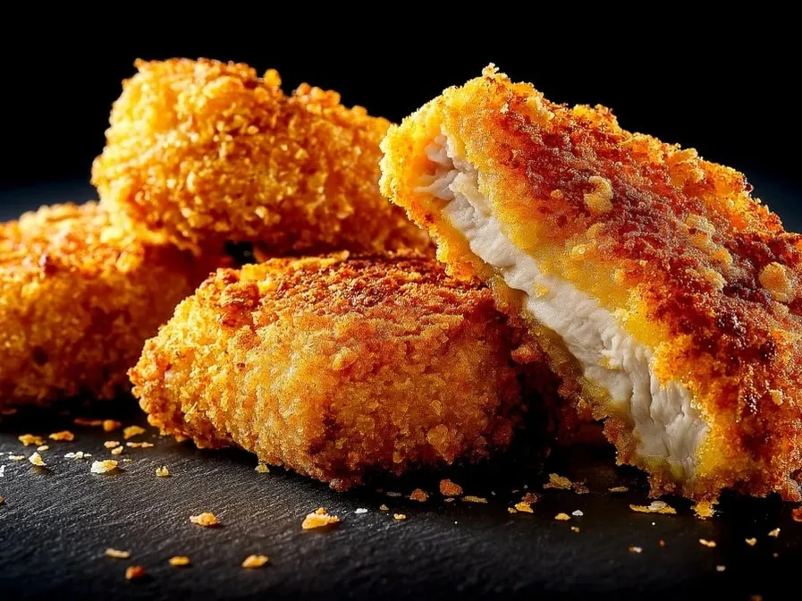 A crispy bucket of fake fried chicken styled like comfort food.