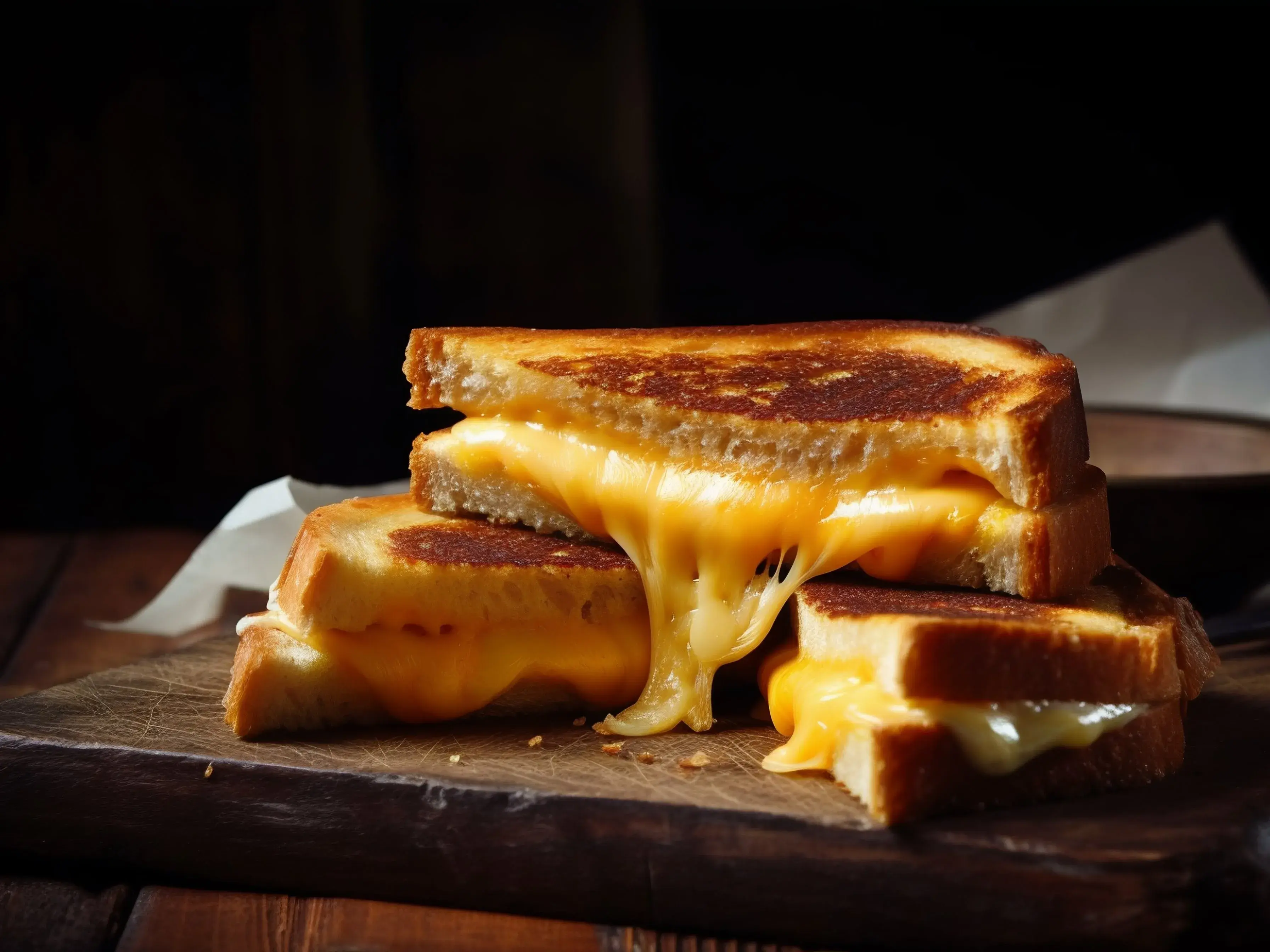 A golden fake grilled cheese sandwich with melted cheese pull.