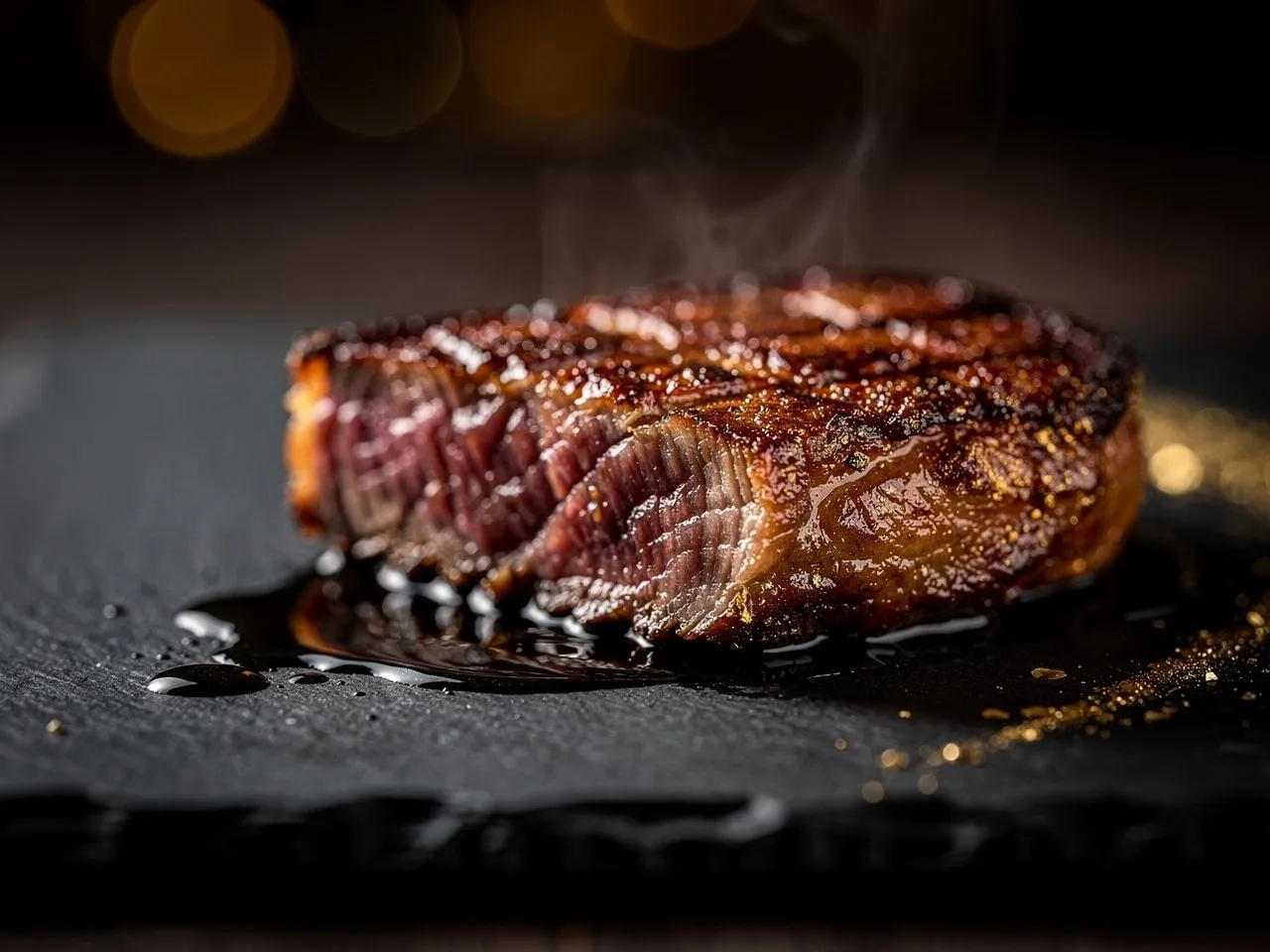 A plated fake steak with a dramatic restaurant-style presentation.
